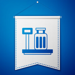 Blue Scale with suitcase icon isolated on blue background. Logistic and delivery. Weight of delivery package on a scale. White pennant template. Vector