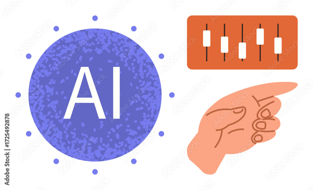 Poster blue ai text in a circle, orange adjustment sliders, and a pointing hand. ideal for ai usage, techno