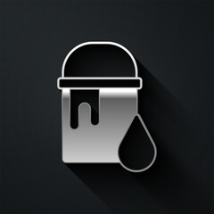 Silver Paint bucket icon isolated on black background. Long shadow style. Vector