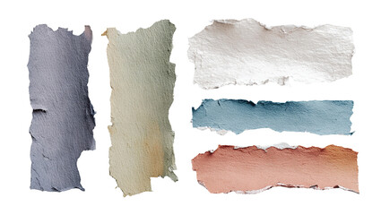 Set of multicolored torn paper pieces with rough edges, isolated on transparent cutout background