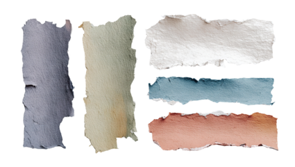 Set of multicolored torn paper pieces with rough edges, isolated on transparent cutout background
