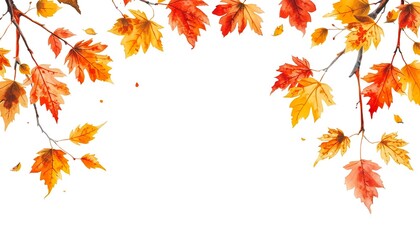 Fototapeta premium Branches with bright watercolor leaves in yellow and orange tones, arranged along the edges of a white background.