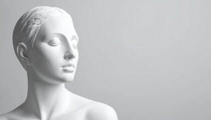 White classical plaster bust with detailed facial features and textured hair on light gray background
