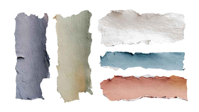 Set of multicolored torn paper pieces with rough edges, isolated on transparent cutout background