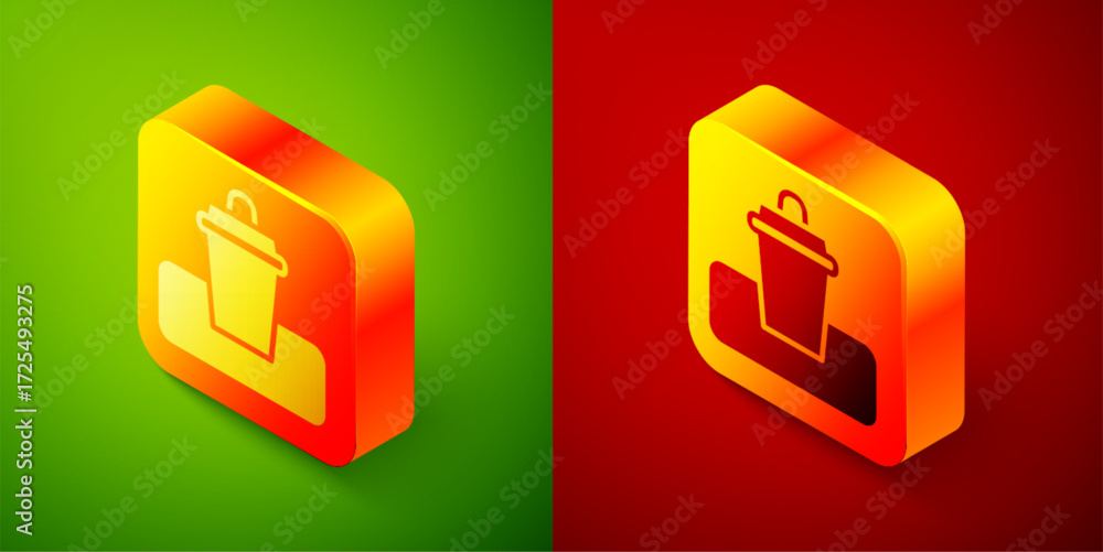 Poster isometric trash can icon isolated on green and red background. garbage bin sign. recycle basket icon