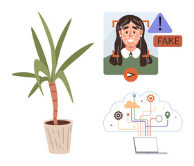Potted plant, AI detecting deepfake video of a woman, and cloud computing with digital connections. Ideal for technology, AI ethics, cybersecurity, digital innovation, modern life, environment