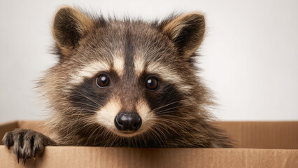 Curious raccoon peeks from cardboard box in cozy indoor setting during daytime moments of playfulness and exploration