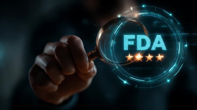 Hand Holding Magnifying Glass Over FDA Approval Certification Stars Dark Background Digital Hologram