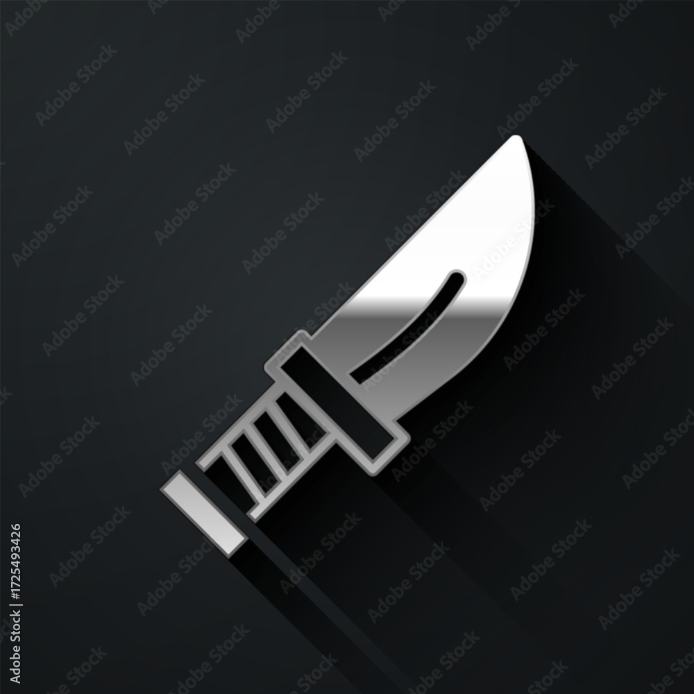 Poster silver dagger icon isolated on black background. knife icon. sword with sharp blade. long shadow sty