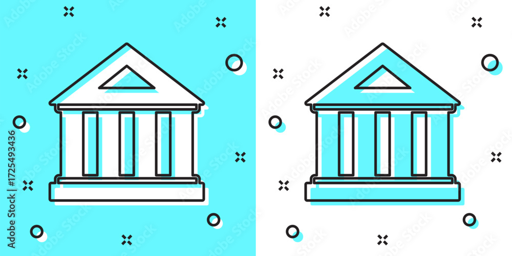 Poster black line museum building icon isolated on green and white background. random dynamic shapes. vecto