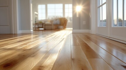 Smooth Polished Wooden Floor Texture in Warm Daylight with Interior Room Background