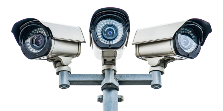 Set of three CCTV security cameras, isolated on transparent cutout background