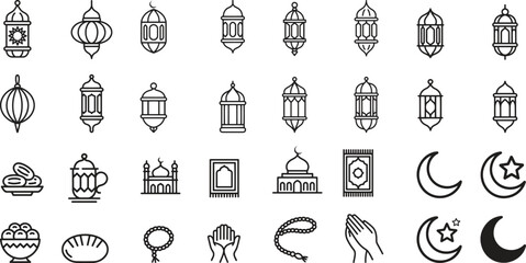 Ramadan line icons set. mosque, crescent, prayer, fasting. editable stroke. vector illustration