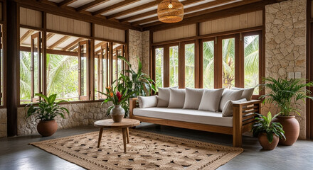 Rustic tropis living room with teak furniture