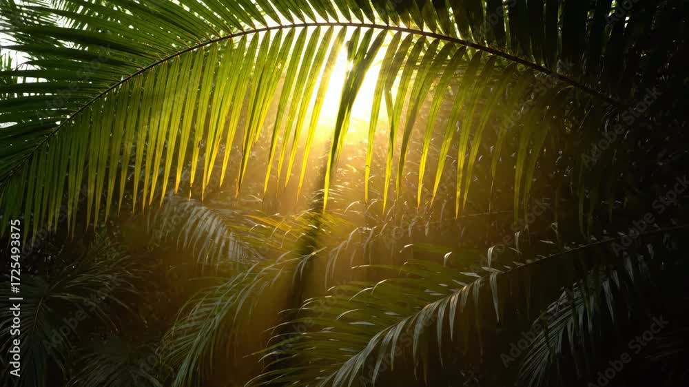 Poster bright sun rays filter through dense palm tree leaves creating a beautiful light display warmth, env