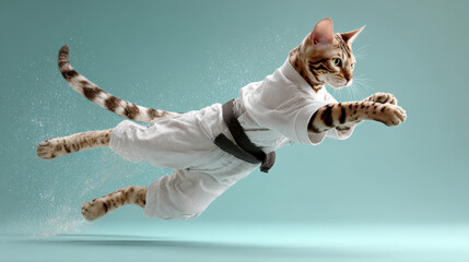Feline Martial Arts Master: A graceful cat in a pristine martial arts uniform, executes a dynamic mid-air kick against a serene backdrop. This image showcases the feline agility and focus.