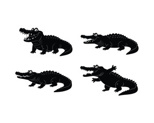 Four silhouettes of cartoon alligators in different playful poses with open mouths and sharp teeth on a white background