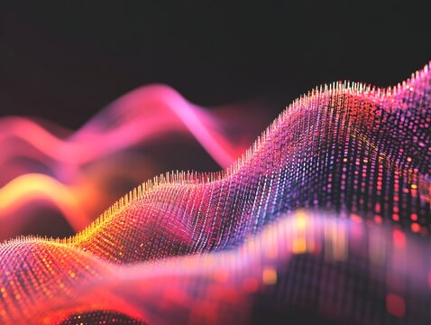 Abstract digital sound waveform with glowing particles and neon colors