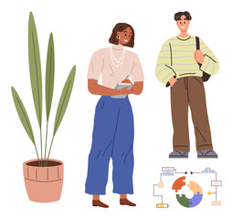 Two individuals collaborating, one holding a clipboard and notes. Nearby, a potted plant adds freshness, and a workflow diagram symbolizes processes. Ideal for teamwork, planning, creativity