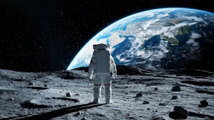 Lunar Explorer Gaze Earthrise From Moons Surface with Cosmic Vista.