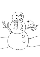 Simple line drawing of a cheerful snowman with scarf and stick arms, hosting a small bird on one arm — charming, cozy winter scene perfect for coloring pages or holiday cards.