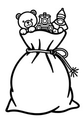 Minimalist line drawing of Santa’s gift sack filled with toys — teddy bear, train, and bottle — tied with a bow, perfect for coloring pages, holiday designs, or festive illustrations.