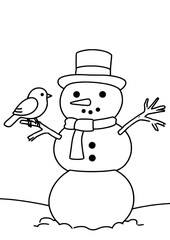 Cute line-drawn snowman in top hat and scarf, waving with one arm while a bird perches on the other — charming, simple winter scene perfect for coloring pages or holiday cards.