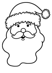 Simple line drawing of Santa Claus’s joyful face — fluffy beard, rosy cheeks, and classic hat with pom-pom — perfect for coloring pages, holiday cards, or cheerful Christmas designs.