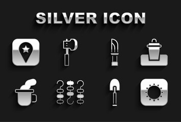 Set Grilled shish kebab on skewer, Trash can, Sun, Shovel, Cup of tea, Knife, Location for camping and Wooden axe icon. Vector