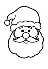 Simple line drawing of Santa Claus’s cheerful face — round nose, bushy beard, and festive hat — perfect for coloring pages, holiday cards, or playful Christmas designs.