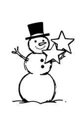 Cheerful cartoon snowman in a top hat, waving one arm and holding a star — simple, joyful line art perfect for winter holidays, Christmas cards, or festive designs.