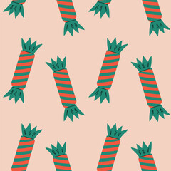 Christmas cracker seamless pattern. Celebration, wrapped gift, confetti. Holiday design. Vector