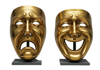 Two highly reflective golden theatrical masks, one sorrowful, one joyful, side-by-side on sleek dark gray display blocks, isolated on a pristine transparent background, professional studio shot,