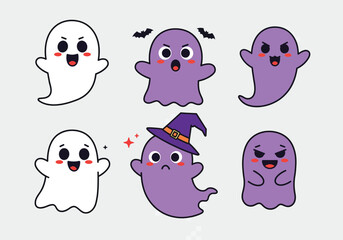Vector art of collection of adorable halloween ghosts a whimsical assortment of cartoon ghosts with various expressions, perfect for adding a playful touch to your spooky season designs