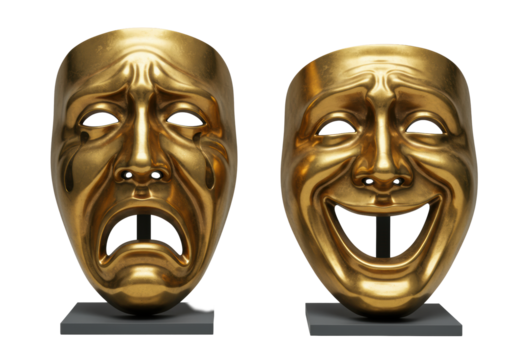 Two highly reflective golden theatrical masks, one sorrowful, one joyful, side-by-side on sleek dark gray display blocks, isolated on a pristine transparent background, professional studio shot,