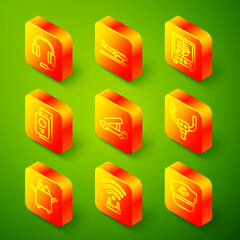 Set line Headphones with microphone, Plane, Radar targets monitor, Passport ticket, Passenger ladder, Aircraft steering helm, Trolley for food and Router and wi-fi signal icon. Vector