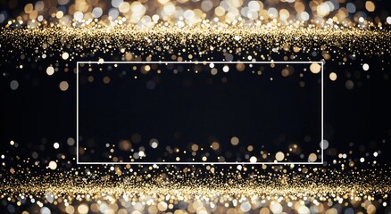 Golden glitter and bokeh effect with white frame. Abstract shiny light background for celebration and Christmas.