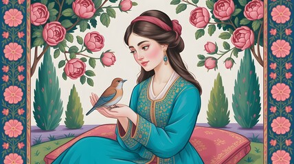 Elegant woman gently holding a bird in ornate garden, promoting peace and tranquility with classical beauty and floral aesthetics for wellness campaigns