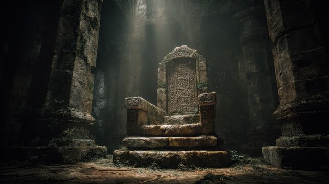 Ancient Throne in Ruins: A stone throne stands weathered and proud amidst the ruins of a classical temple, illuminated by an ethereal ray of light, hinting at the power of legacy.