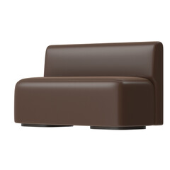 A contemporary brown leather sofa is isolated against a clean white backdrop, showcasing its minimalist design and smooth texture.