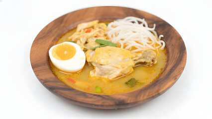 Soto ayam Indonesian soup on wooden plate