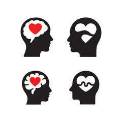Obraz premium Human Head Silhouettes with Heart and Brain Emotional Awareness, Psychology, Mindfulness and Mental Wellbeing Concept Vector Set