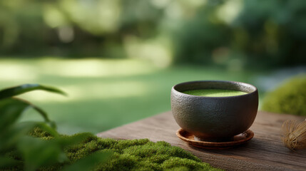 Serene matcha concept featuring bowl of vibrant green tea placed on wooden surface surrounded by lush greenery evokes tranquility and calmness