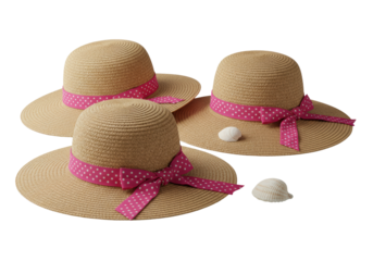 Three light brown woven straw hats with hot pink polka dot ribbons & white seashell on transparent background, layered, diffused studio light. Concept of summer fashion accessories