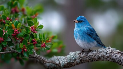 Fototapeta premium Small Blue Bird Resting on Branch with Red Berries and Green Leaves in Soft Focus Cinematic Wildlife Photography