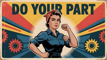 Empowering retro Rosie the Riveter style poster urging viewers to do their part, ideal for campaigns, social causes, and motivational content