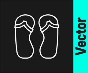 White line Flip flops icon isolated on black background. Beach slippers sign. Vector