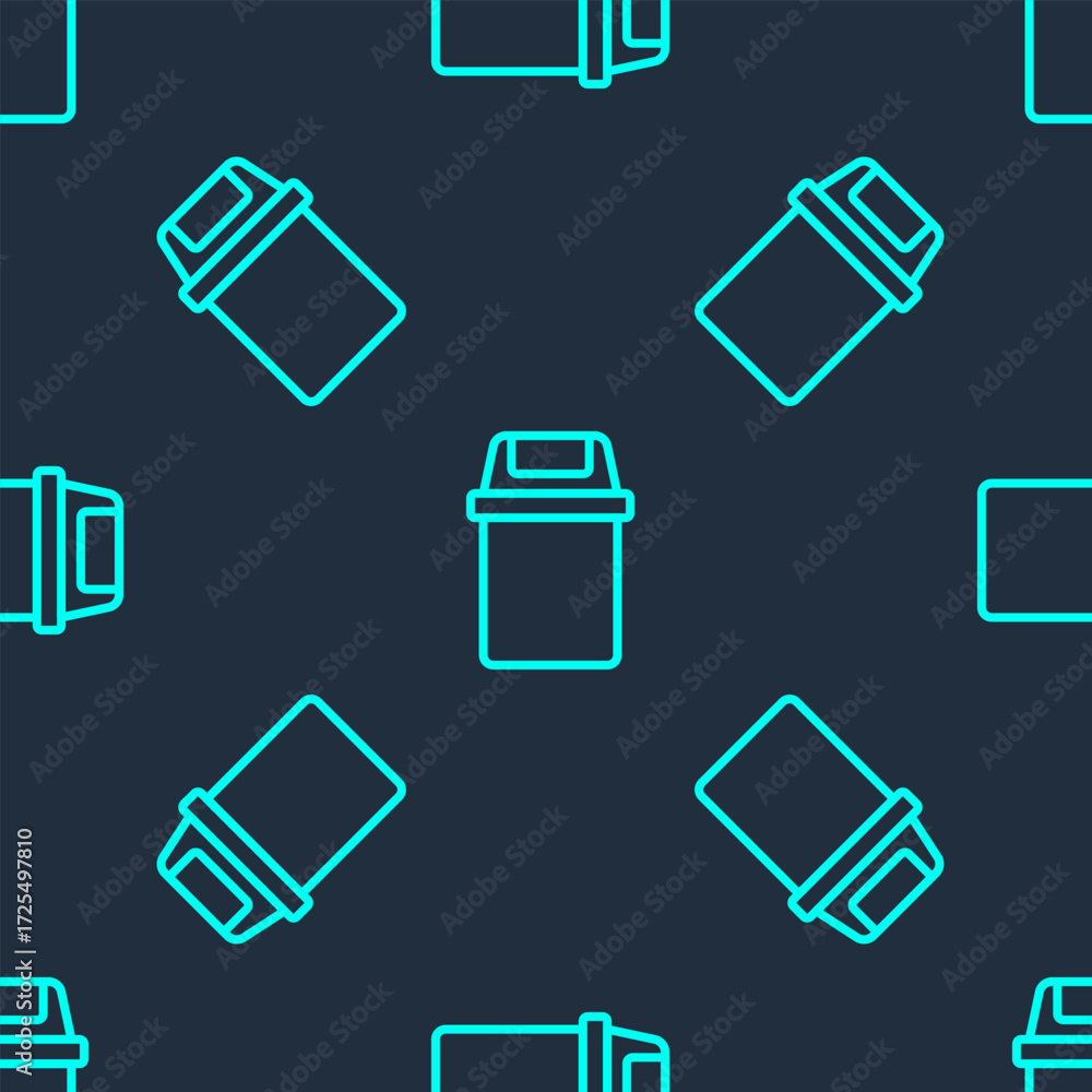 Poster green line trash can icon isolated seamless pattern on blue background. garbage bin sign. recycle ba