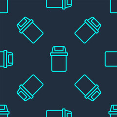 Fototapeta premium Green line Trash can icon isolated seamless pattern on blue background. Garbage bin sign. Recycle basket icon. Office trash icon. Vector