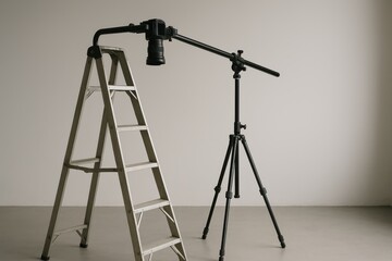 Professional Photography Lighting Setup With Ladder and Tripod Equipment